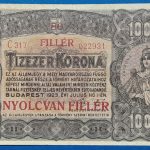 1923. 10.000 Korona  VF "Nyolcan fillér" felülbélyegzéssel, "kis alakú" nyomdahely nélküli