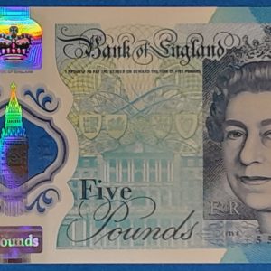 Brit 5 fontos bankjegy előoldala - II. Erzsébet királynő