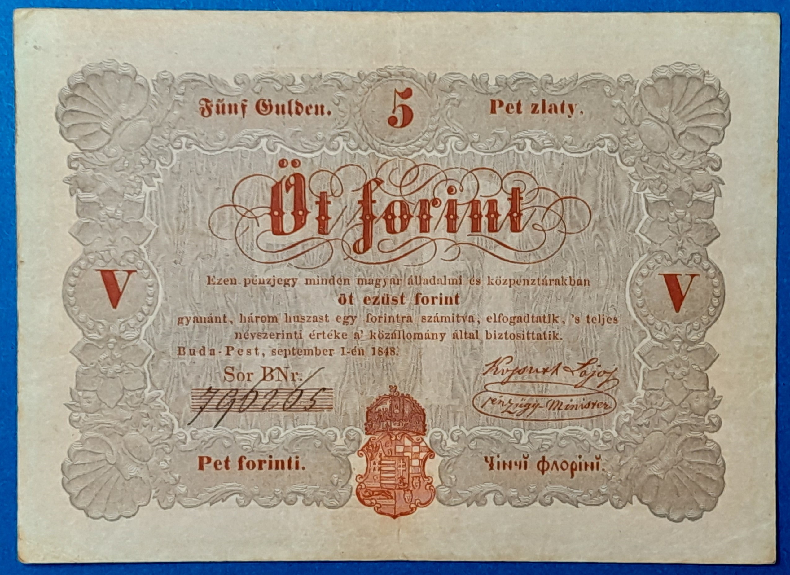 BM0921-1 Kossuth-bankó 5 Forint (1848) – Piros nyomatos változat GOTTO
