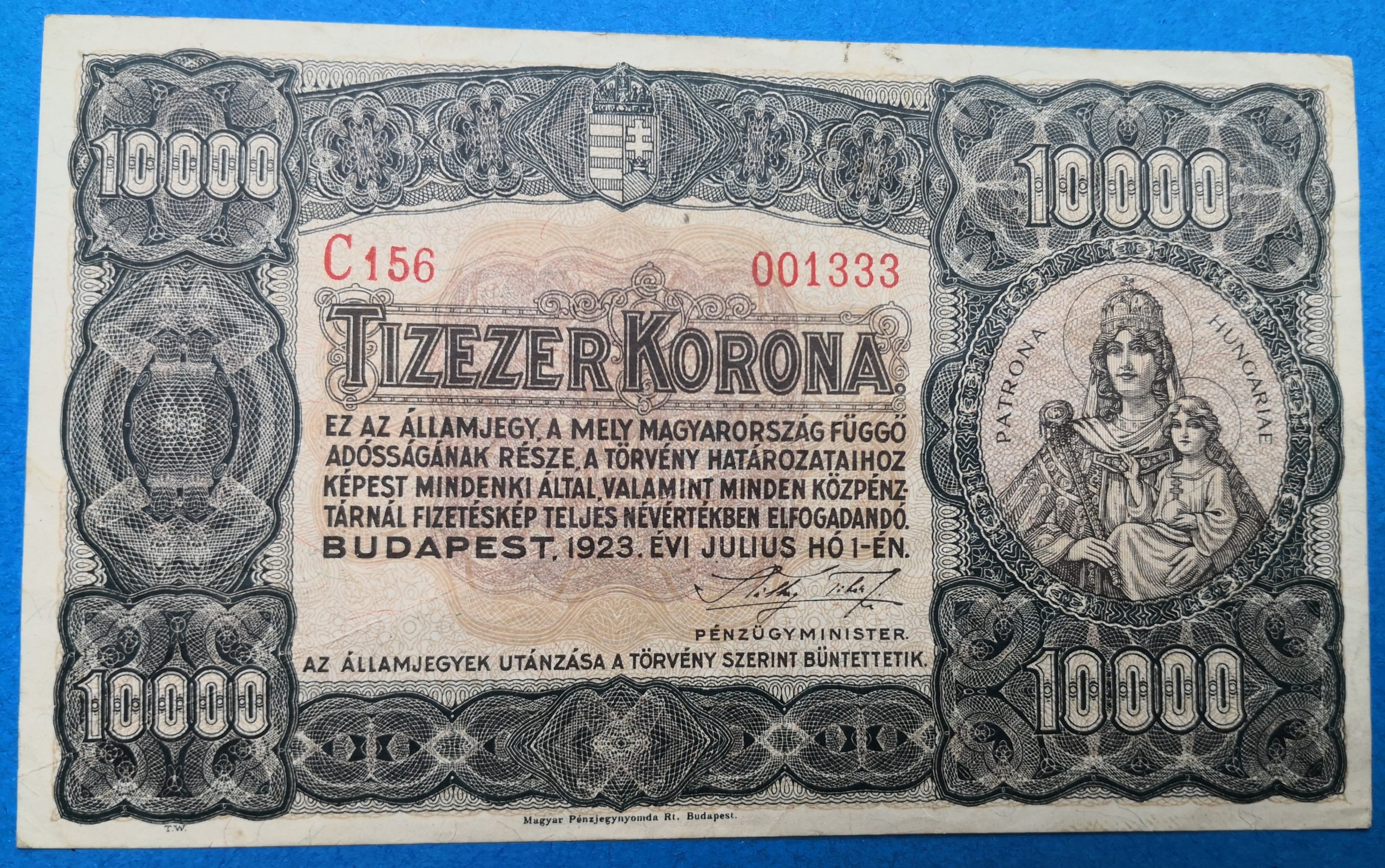 AB0001-1 1923. 10.000 Korona VF Magyar Pénzjegynyomda jelöléssel - Image 1