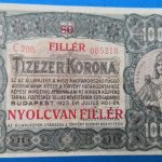 1923. 10.000 Korona  VF "Nyolcan fillér" felülbélyegzéssel, "kis alakú" nyomdahely nélküli