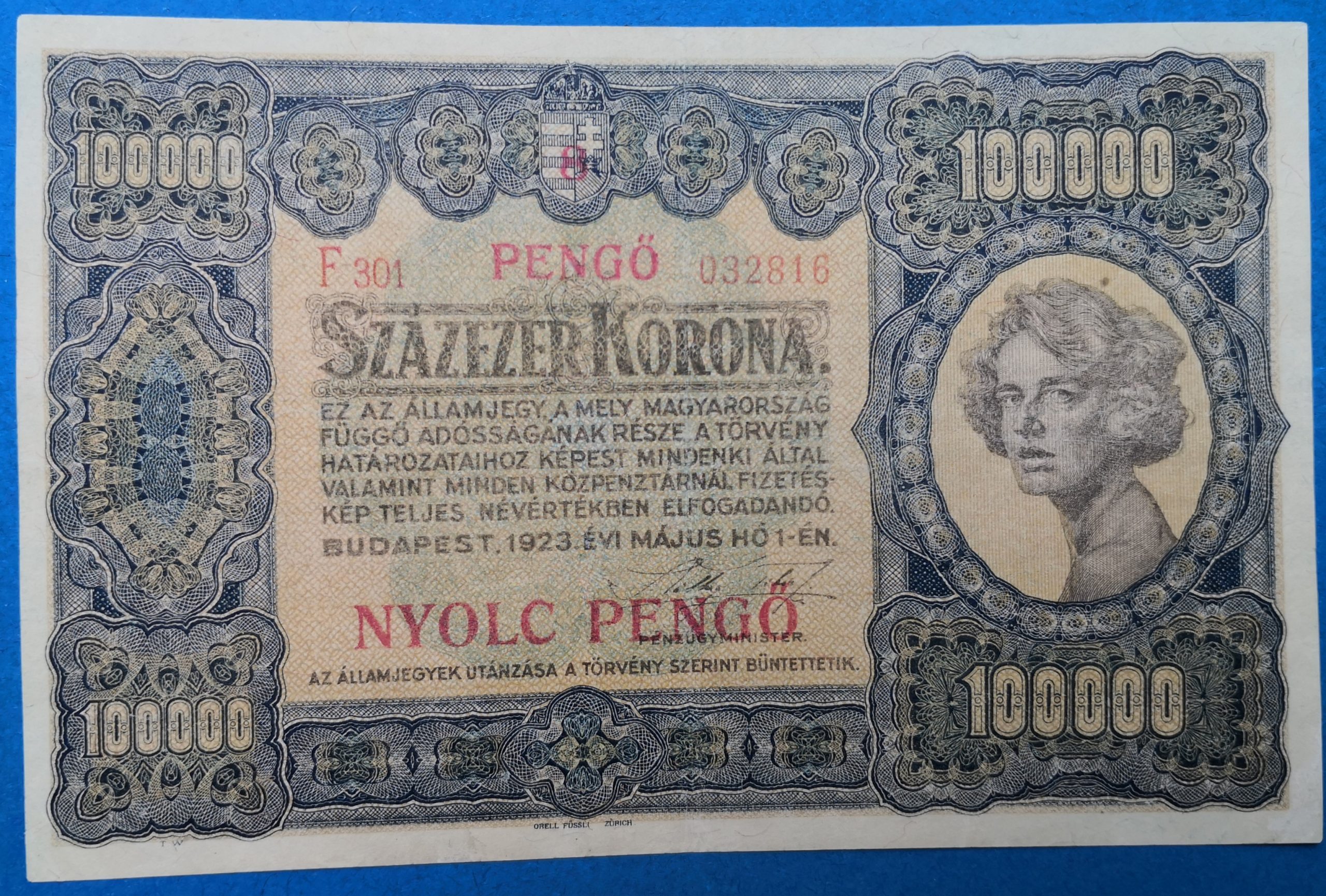 AB0003-1 1923. 100.000 Korona VF, Orell-Füssli Pénzjegynyomda, "Nyolc pengő" felülbélyegzéssel, - Image 1