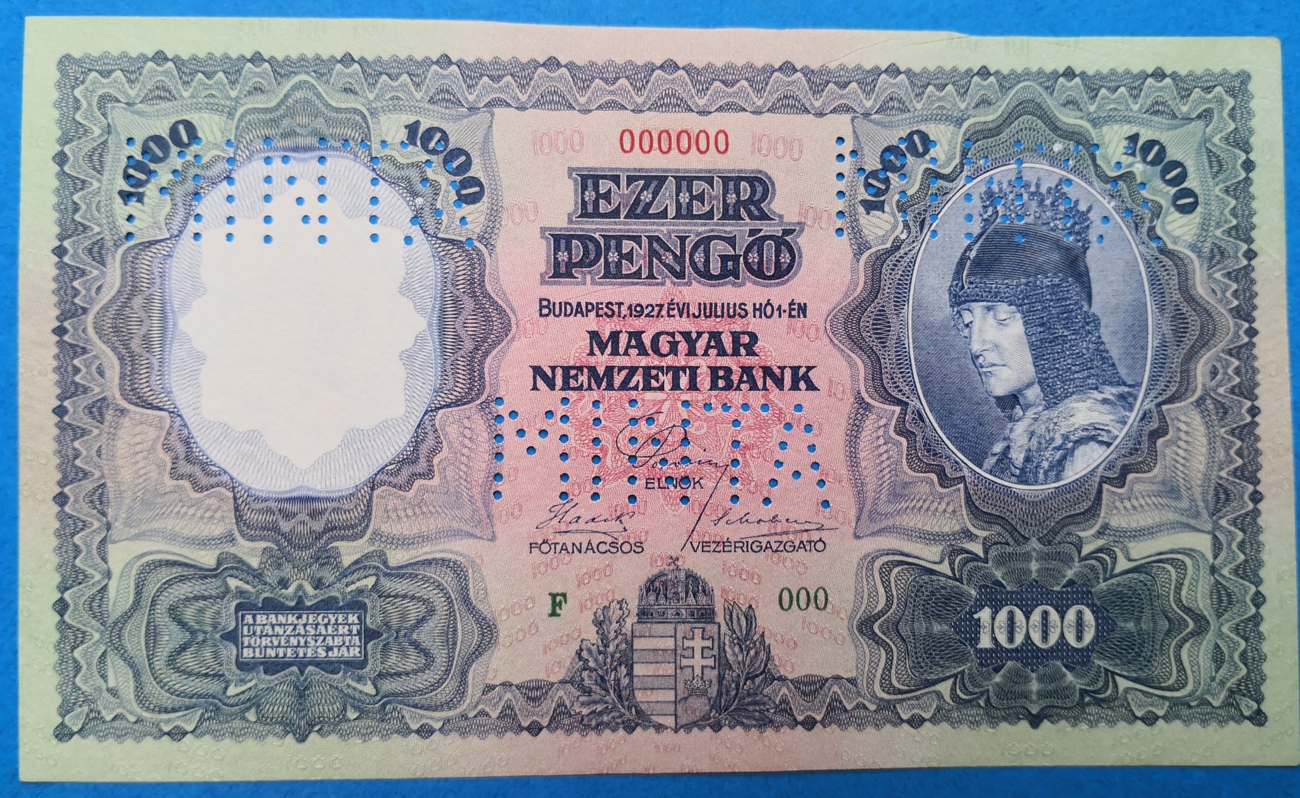 AB0010-1 1927-es 1000 pengős minta bankjegy eladó