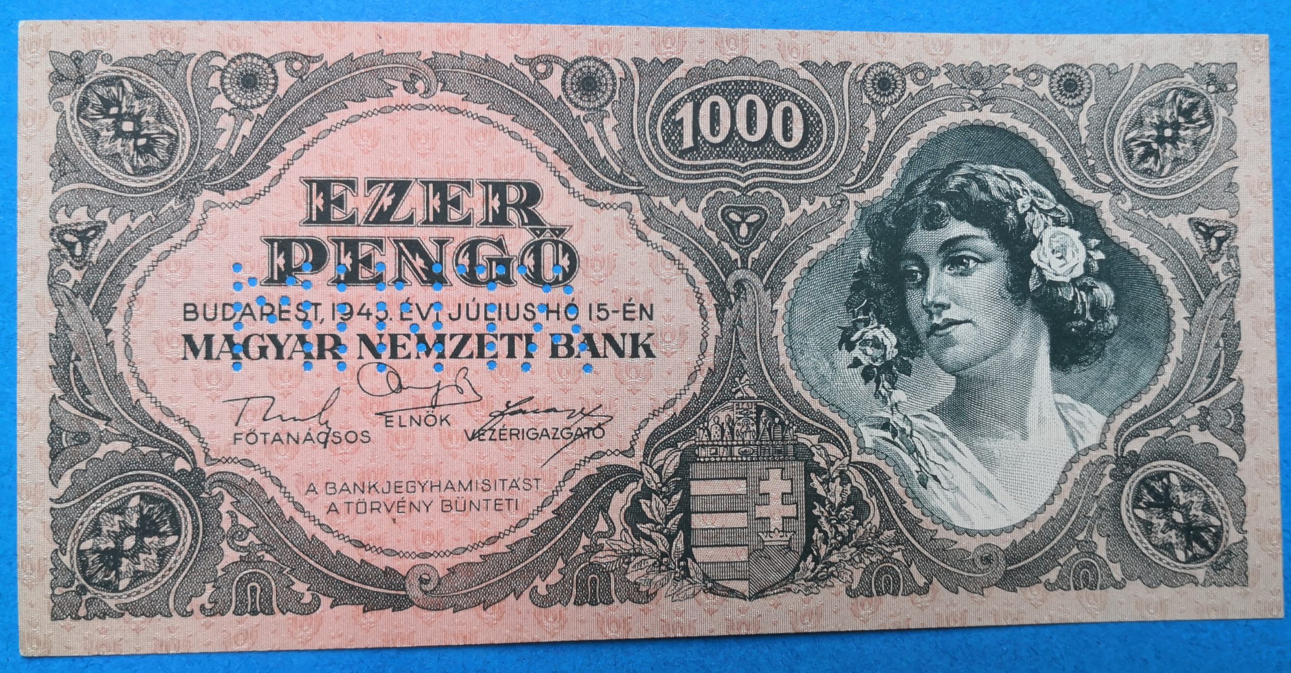 AB0011-1 1945. 1.000 Pengő AUNC "MINTA" perforációval, sorszám nélkül - Image 1