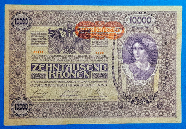 B0043-1 1918. 10.000 Korona VF "DEUTSCHÖSTERREICH" felülbélyegzéssel, hátul ornamentika - Image 1