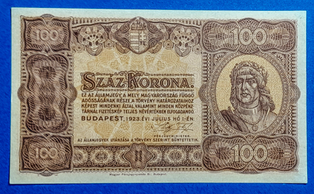 B0051-1 1923. 100 Korona UNC "kis alakú" Magyar Pénzjegynyomda jelöléssel - Image 1