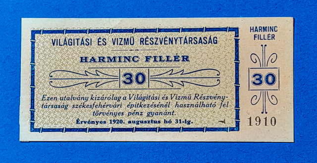 B0086-1 1920. 30 fillér UNC Világítási és Vízmű Rt - Image 1
