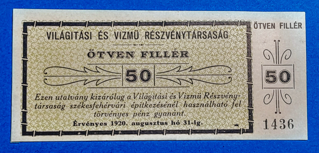 B0087-1 1920. 50 fillér UNC Világítási és Vízmű Rt - Image 1