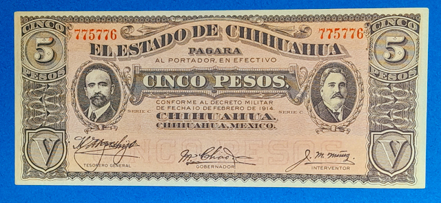 B0107-1 1914. 5 Peso UNC - Image 1