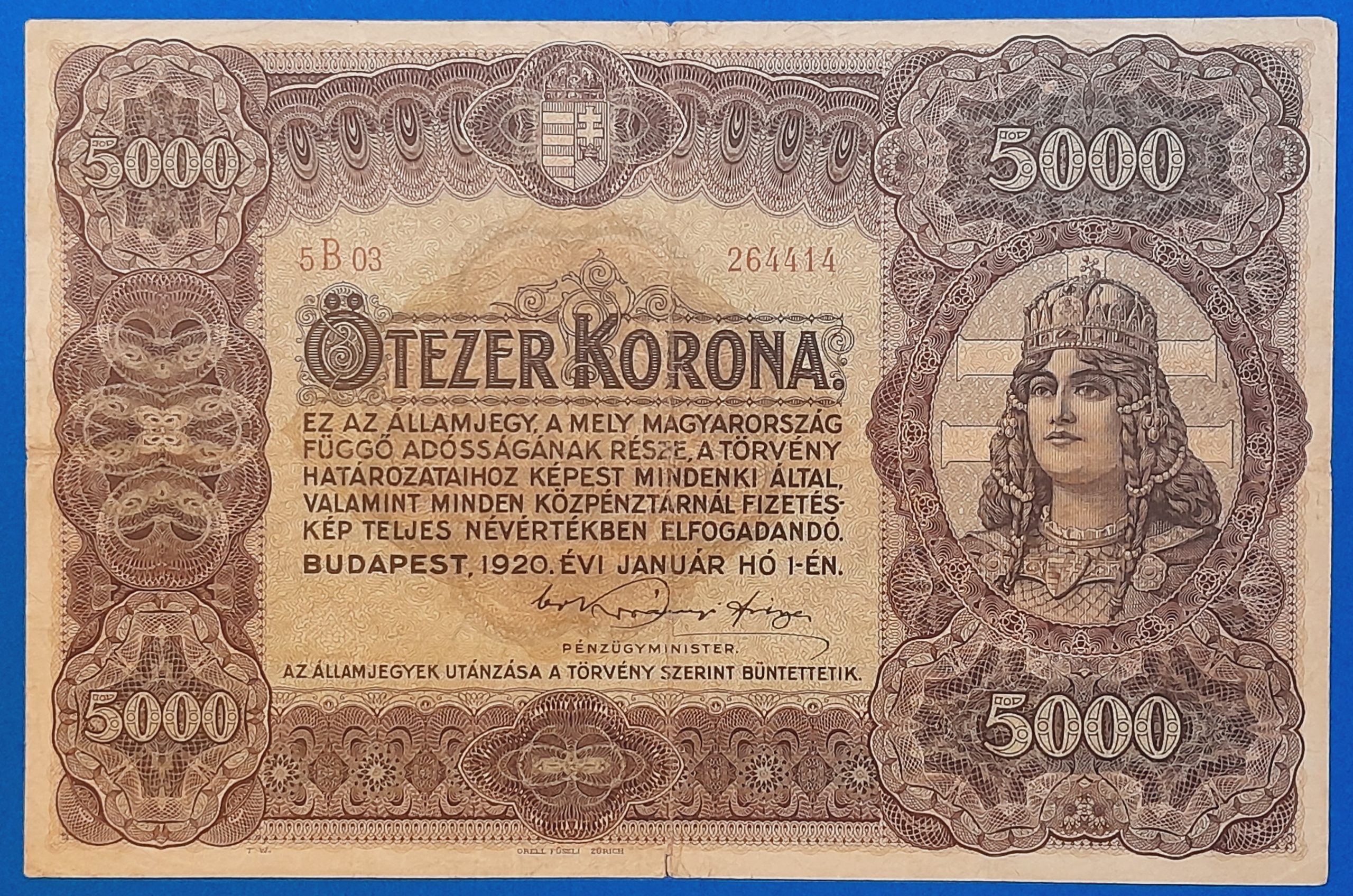 B0592-1 1920. 5.000 Korona VF "nagy alakú" Orell Füssli nyomdahely jelöléssel - Image 1
