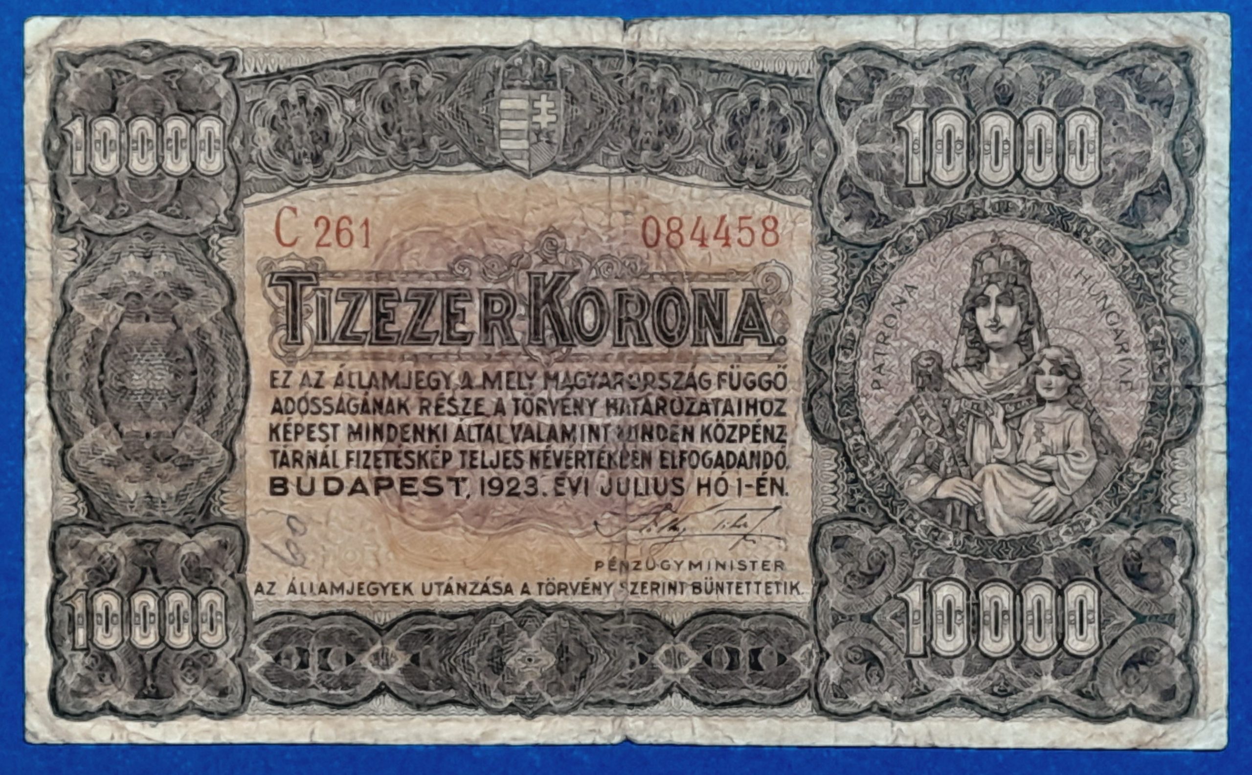 B0597-1 1923. 10.000 Korona F "kis alakú" nyomdahely nélküli - Image 1