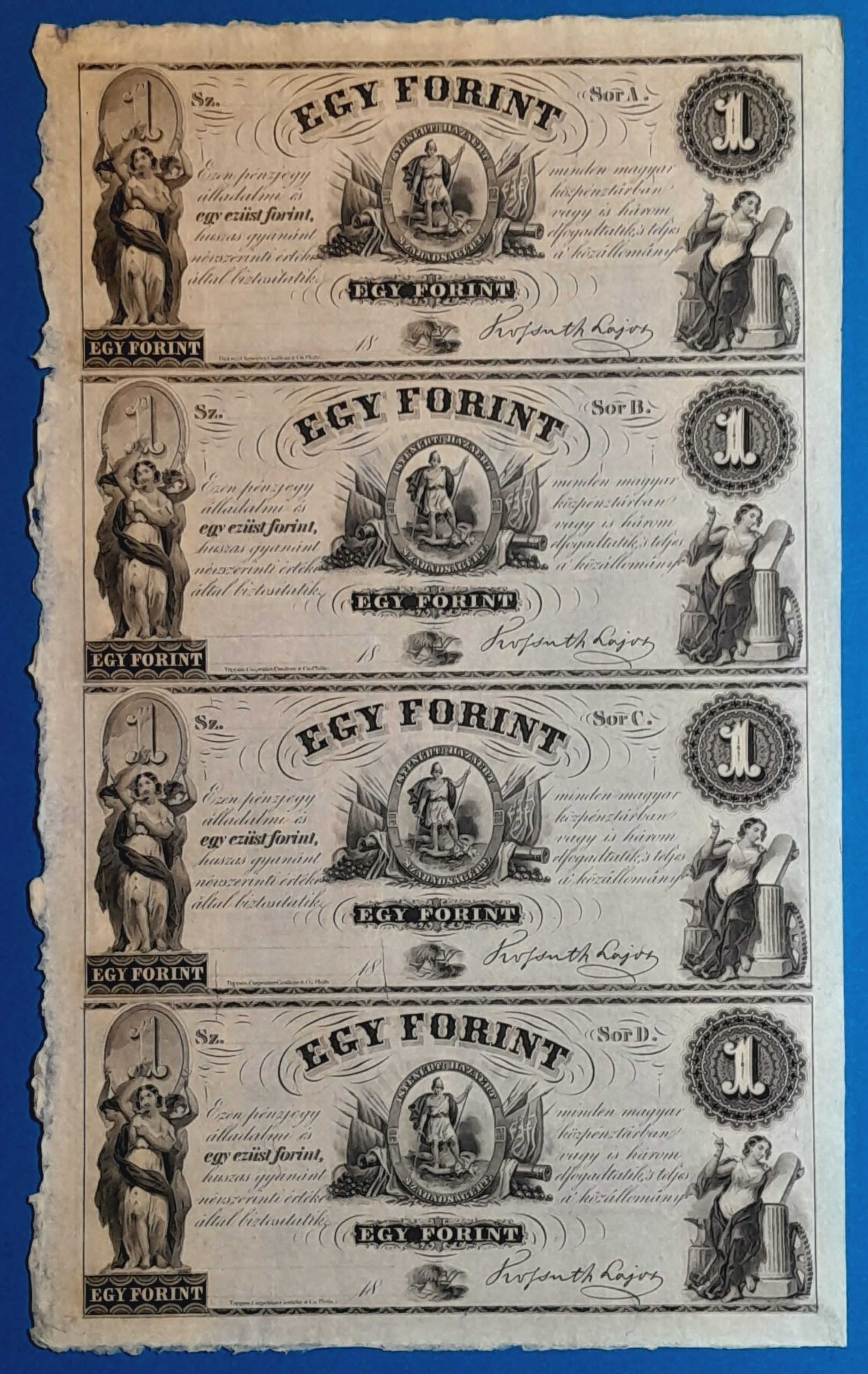 B0624-1 1852. 1 Forint UNC Kossuth ezüst 1 Forint ív A-B-C-D
