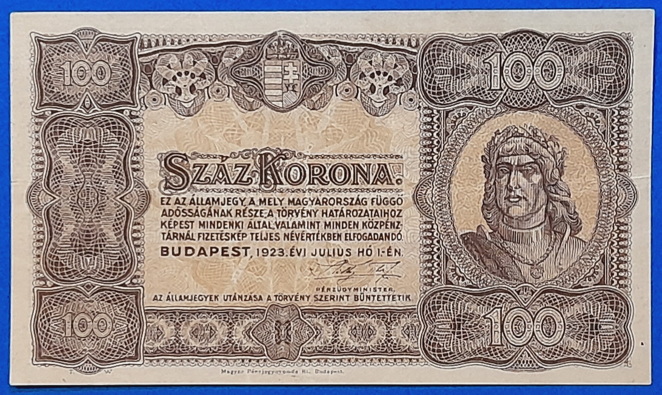B0723-1 1923. 100 Korona F "kis alakú" Magyar Pénzjegynyomda jelöléssel - Image 1