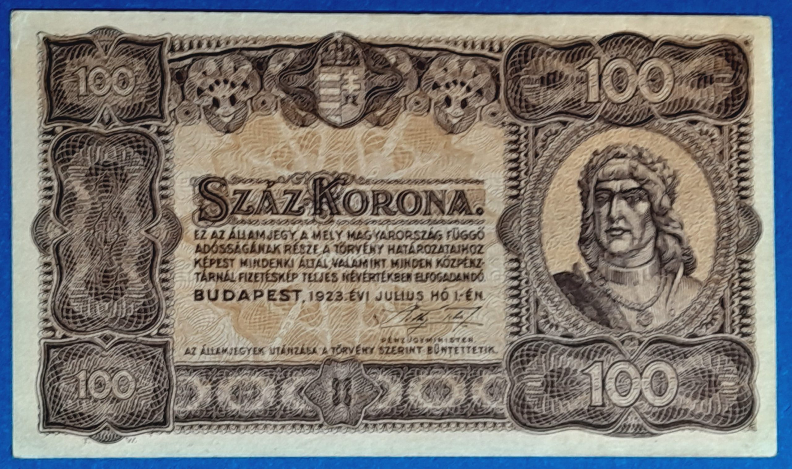 B0730-1 1923. 100 Korona UNC "kis alakú" nyomdahely nélküli - Image 1