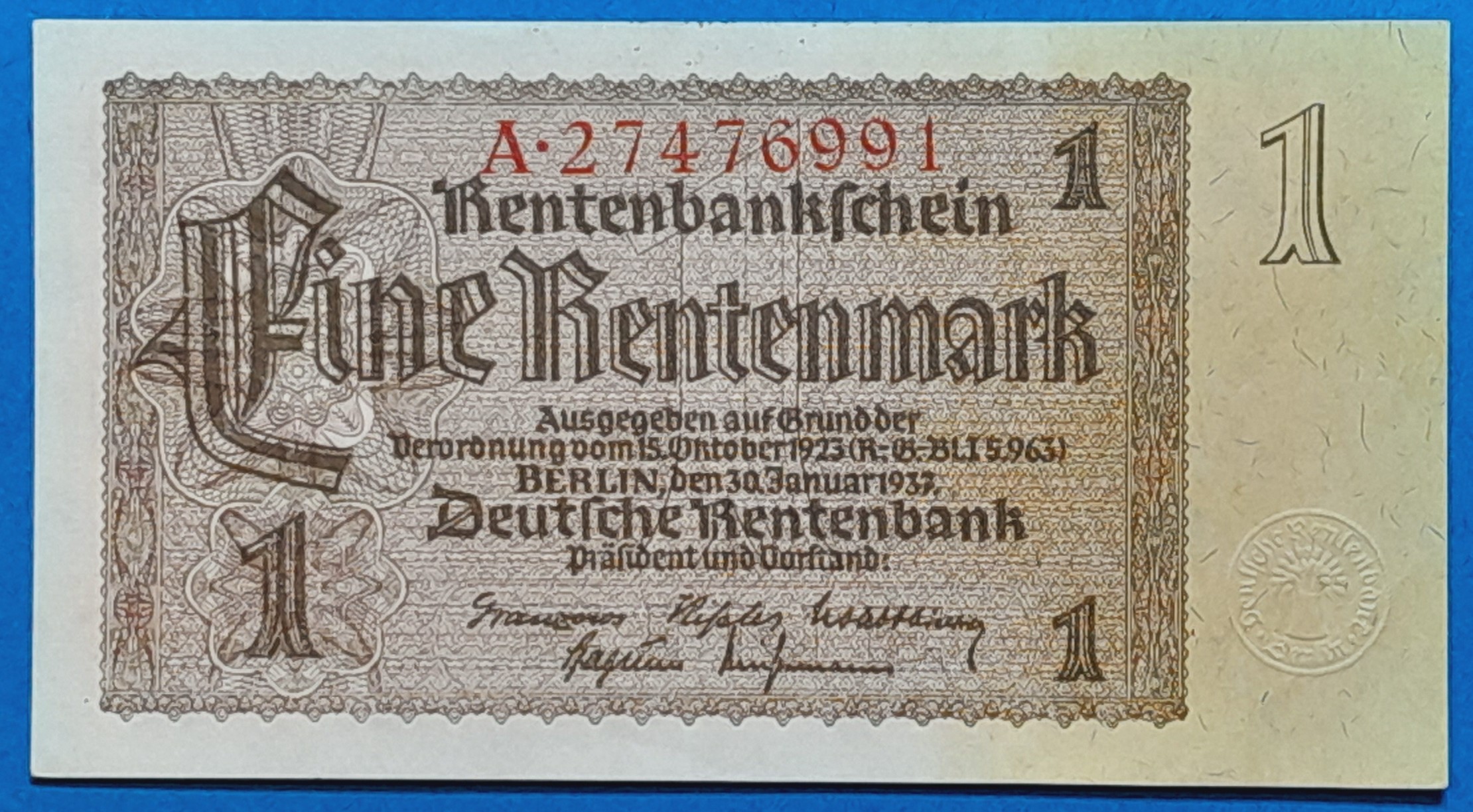 B0782-1 1923. 1 Rentenmark UNC - Image 1