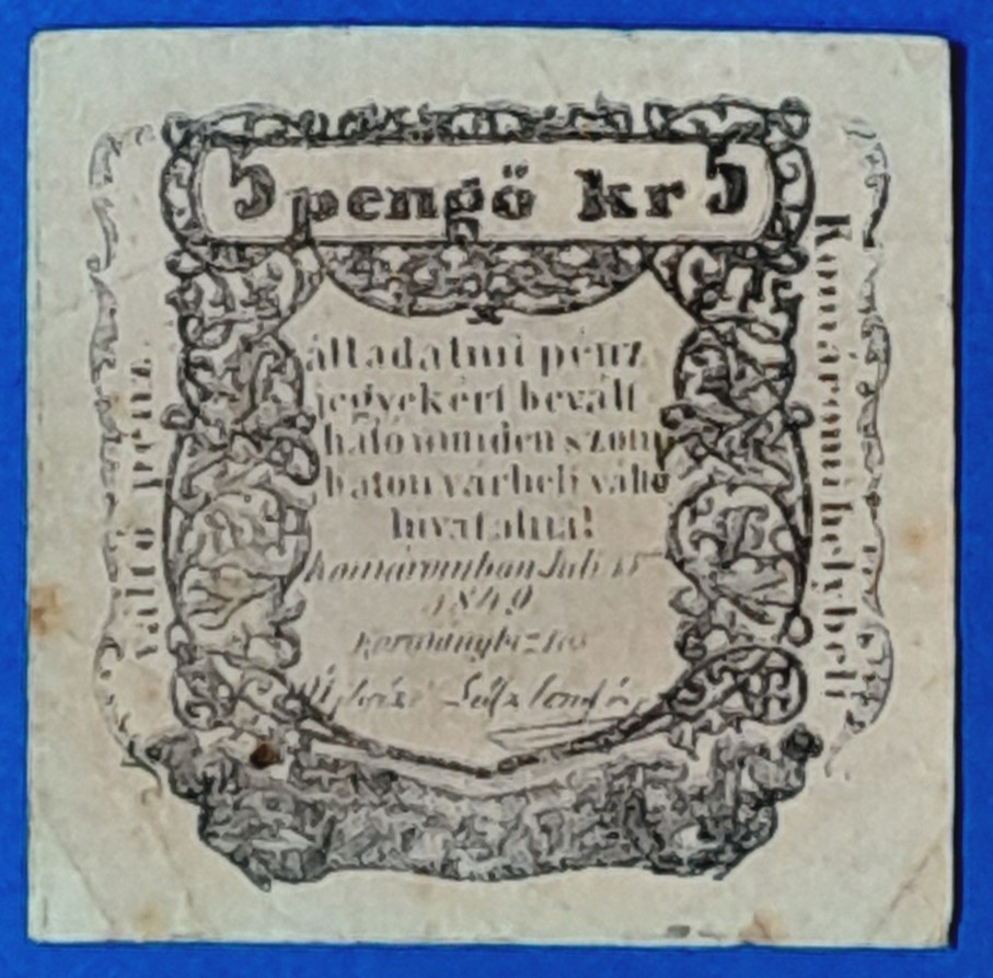 B0907-1 1849. 5 Pengő Krajczár F Komárom Álladalmi pénzjegy - Image 1