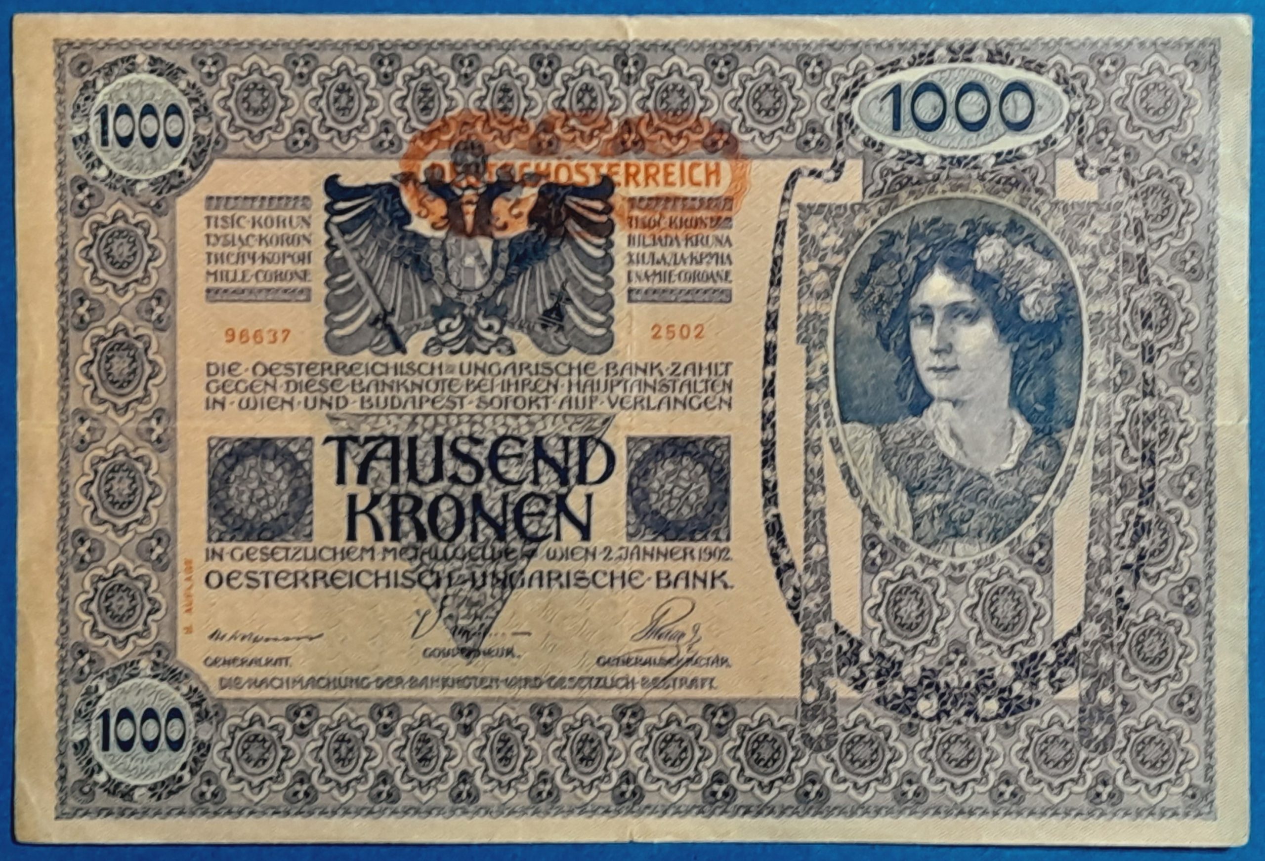 B1093-1 1902. 1.000 Korona VF- "DEUTSCHÖSTERREICH" felülbélyegzés és ornamentika - Image 1