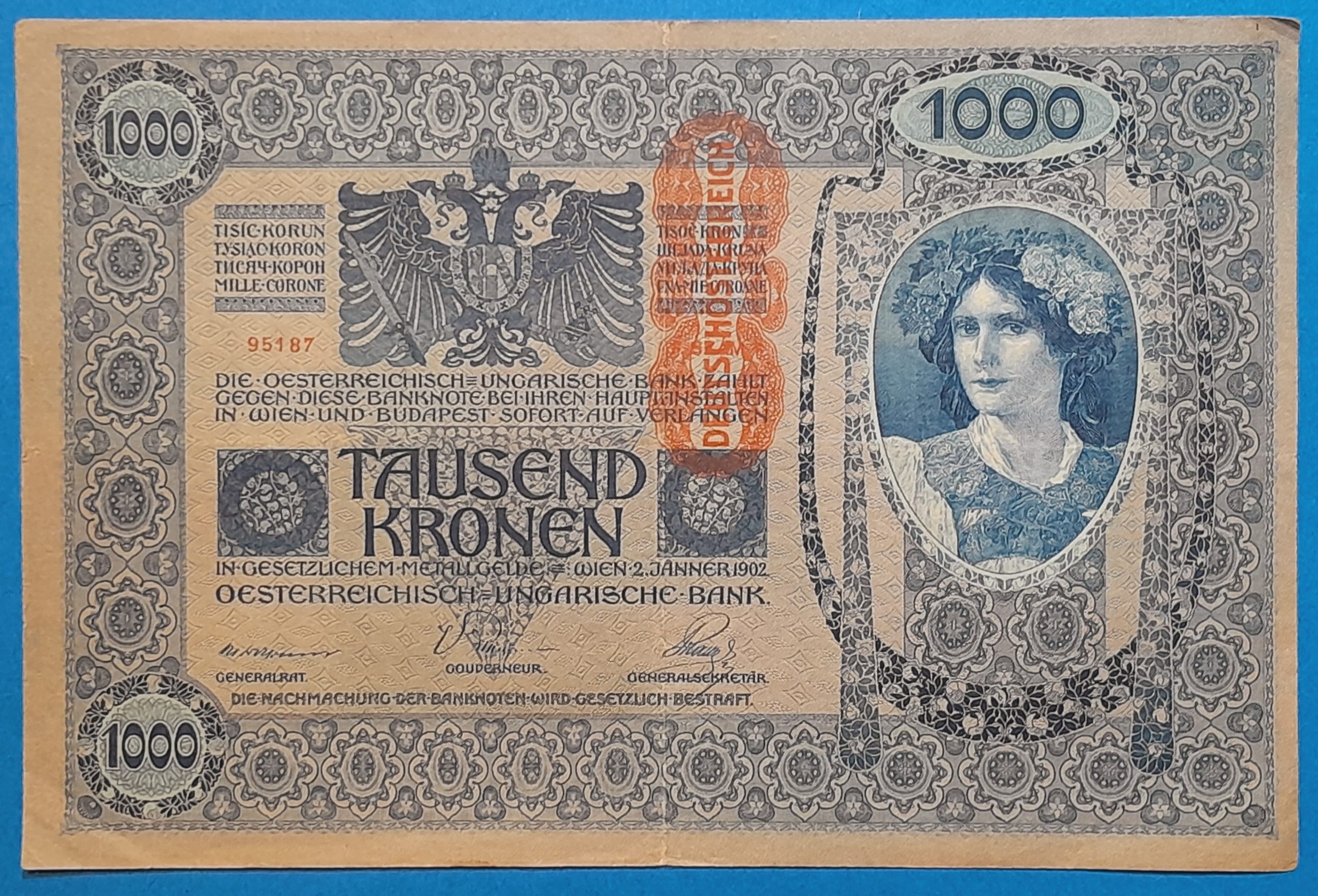 BM0066-1 1902. 1.000 Korona F "DEUTSCHÖSTERREICH" felülbélyegzéssel, 1.kiadás - Image 1