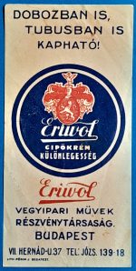 Eriwol cipőkrém számolócédula GOTTO NUMIZMATIKA
