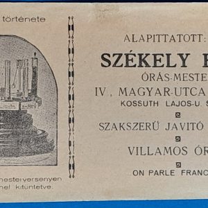 Székely Béla Órás-Mester számolócédula, Budapest GOTTO NUMIZMATIKA