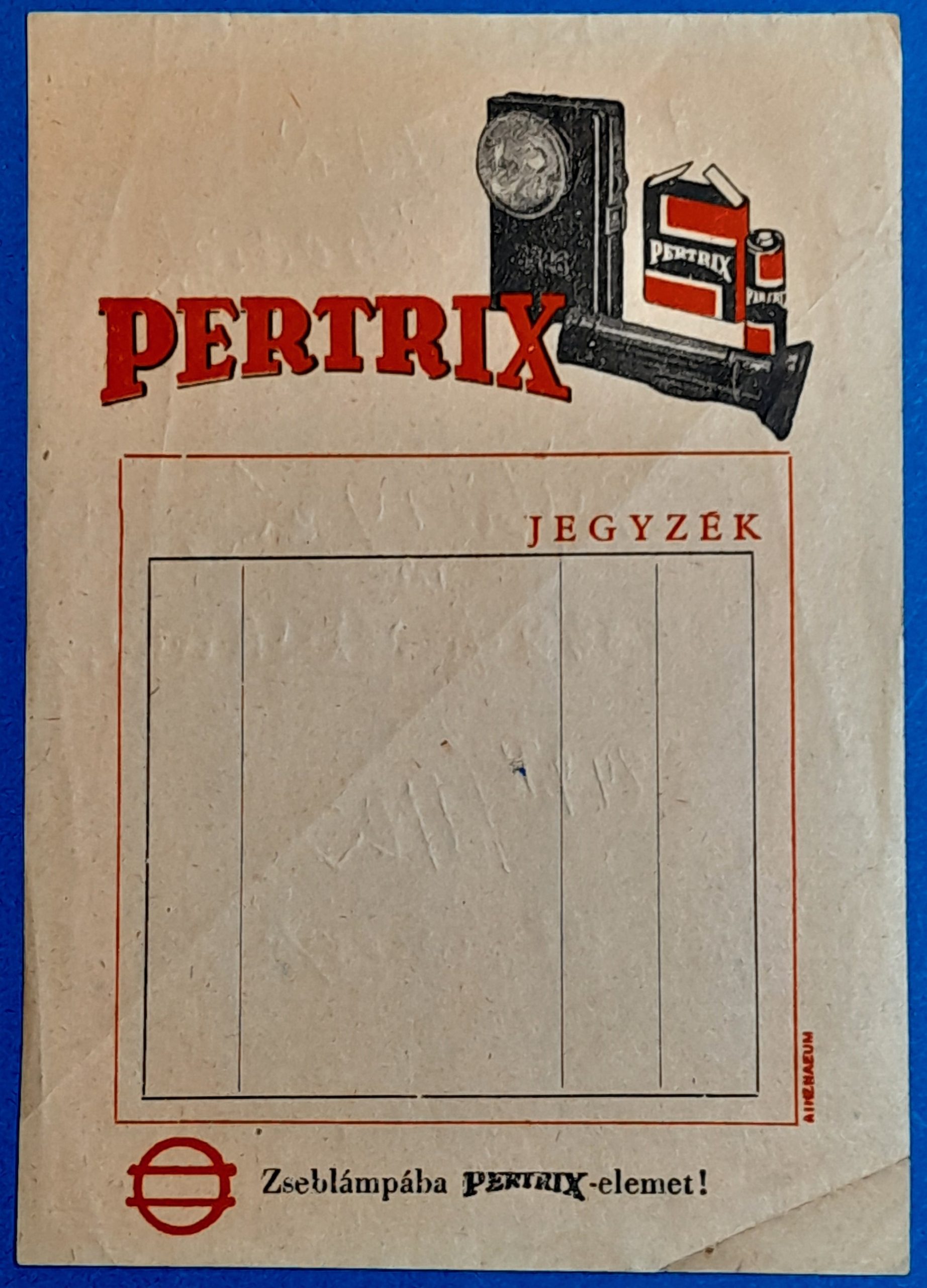 BM0849-1 Vintage "Pertrix" zseblámpaelem számolócédula – 1930-as évek GOTTO