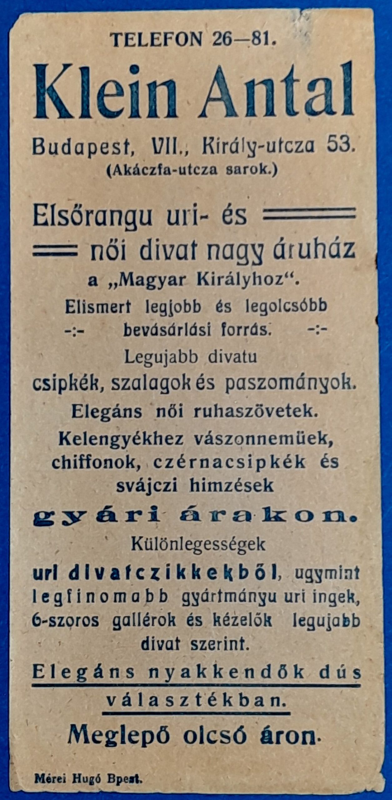 BM0854-1 "Klein Antal" Divatáruháza Budapest – Történelmi Számolócédula GOTTO