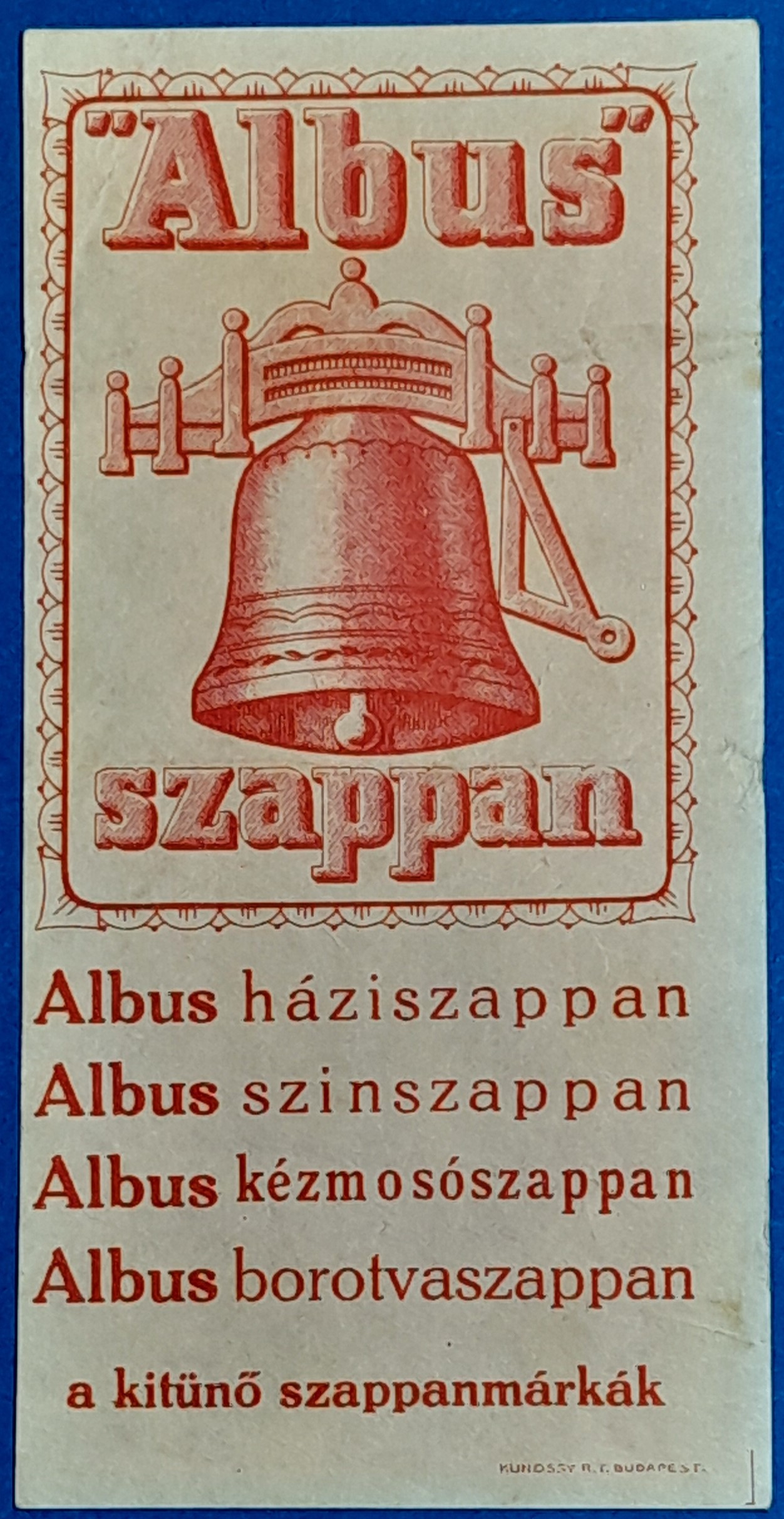 BM0863-1 Vintage "Albus" szappan hirdetés – Kundssy R.T. Budapest GOTTO