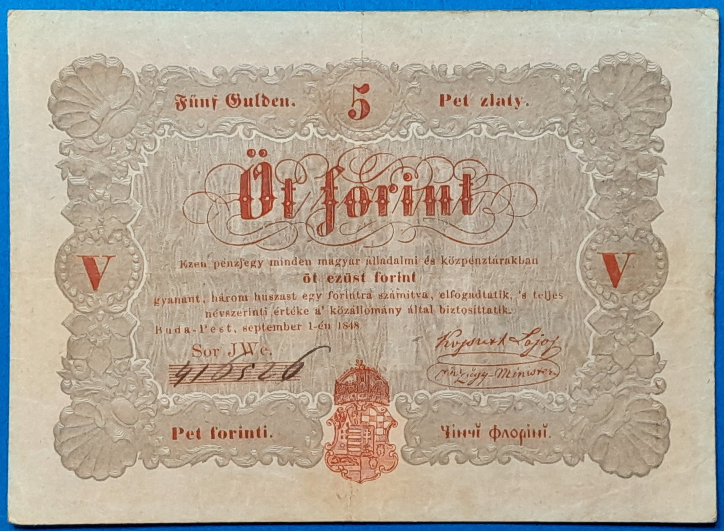 BM0893-1 5 forintos Kossuth-bankó (1848) – Történelmi magyar papírpénz GOTTO