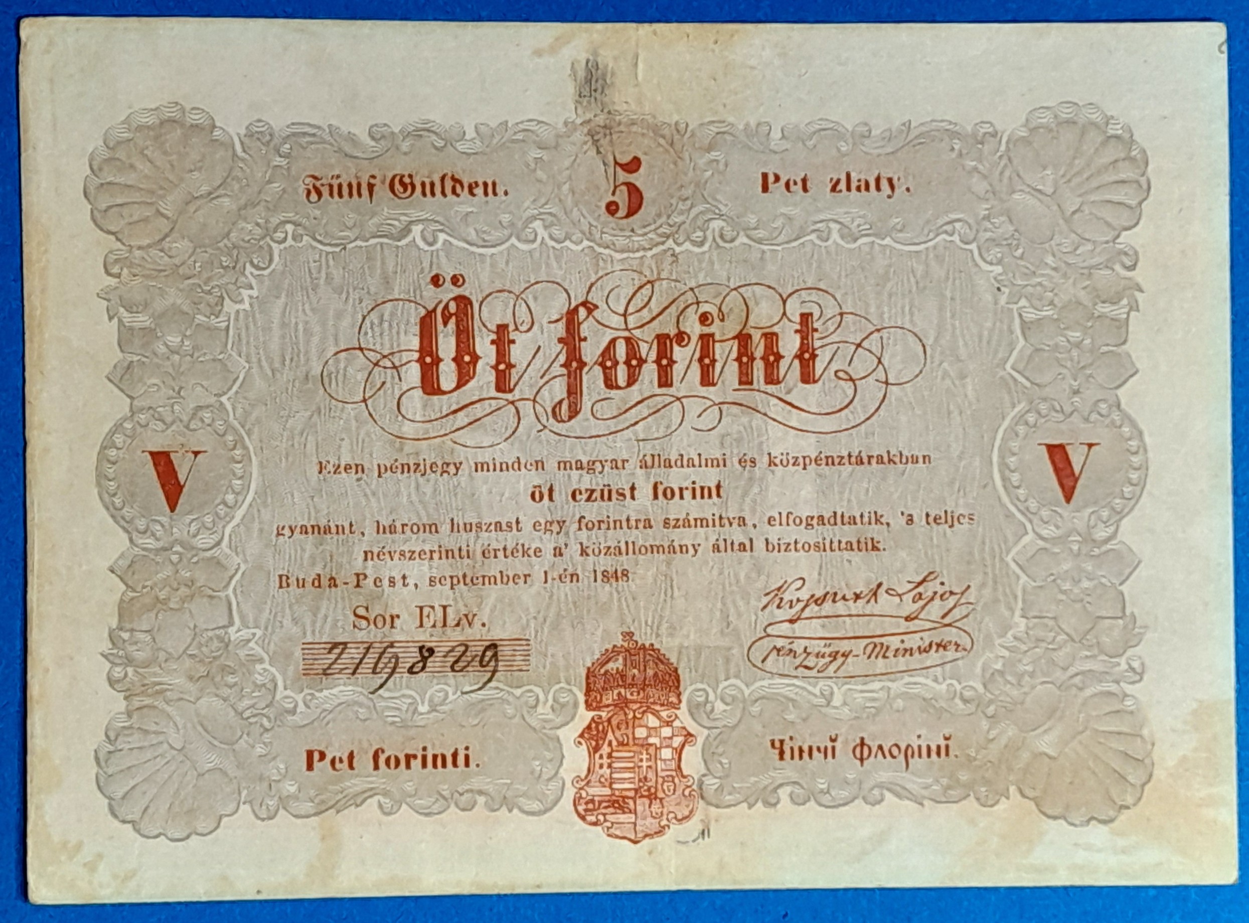 BM1221-1 Kossuth 5 Forint 1848. szeptember 1. – Ritka magyar papírpénz GOTTO