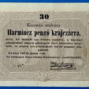 1849-es 30 krajcáros kincstári utalvány – Kossuth-bankó ritkaság GOTTO