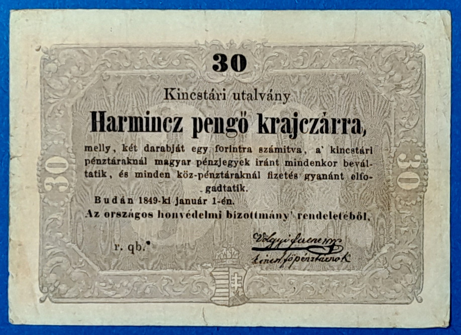 BM1315-1 1849-es 30 krajcáros kincstári utalvány – Kossuth-bankó ritkaság GOTTO
