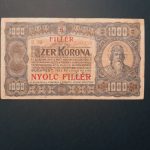 1923.  1.000 Korona F  "8 FILLÉR.." felülbélyegzéssel, "kis alakú" nyomdahely nélküli